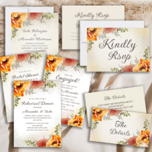 Invitación Naranja Quemada Otoño Floral Verde Bodas