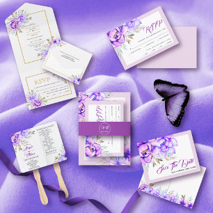 Invitación Tríptica Flores moradas, lilas acuáticas y boda RSVP