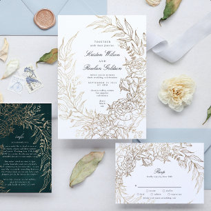 Invitación Boda Floral Wreath White Black Emerald Gold