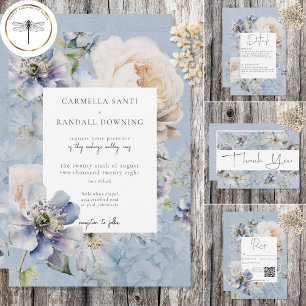 Tarjeta De Agradecimiento Rústico Romántico Boda Floral Azul y Blanco