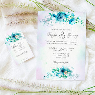 Invitación Flores verdes verde azuladas azules boda floral