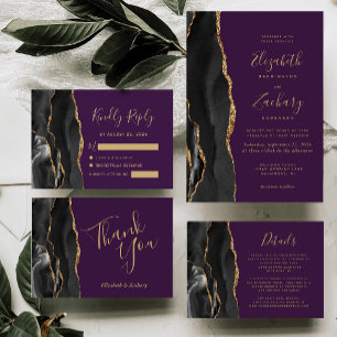 Tarjeta De Recepción Detalles de Boda de Ágata de Oro Negro Púrpura Pro