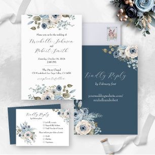 Invitación Todo En Uno Floral azul invernal
