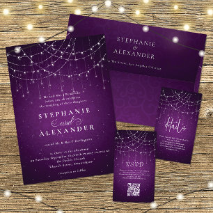 Invitación Royal Purple Swirl & String Lights QR Code Boda