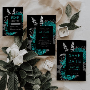 Invitación Elegante Moody Dark Floral Verde azulado Boda Plat