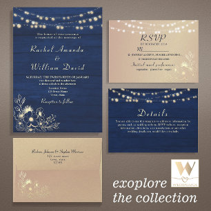 Invitación Con Relieve Metalizado String Lights Gold Navy Boda azul código QR