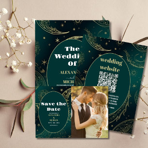 Invitación Elegante Boda celeste de oro verde esmeralda