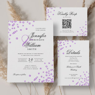 Invitación Elegante Boda de guión Purple Confetti QR RSVP
