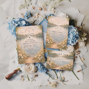 Invitación Boda Romántica en el Lago con Bosque de Flores Sil