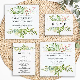 Invitación a la boda de follaje verde de flores si