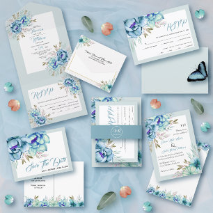 Invitación Todo En Uno Boda de flores de color azul y verde menta