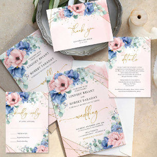 Tarjeta De Agradecimiento Boda de marco dorado azul opaco y rosa suave