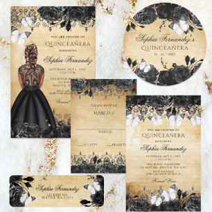 Pegatina Redonda Mariposa floral rústica vintage negra