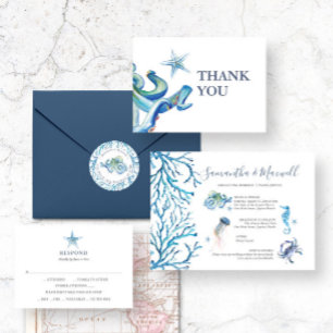 Invitación Color de agua azul de la boda de la playa ilustrad