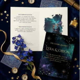 Invitación Con Relieve Metalizado Estrellas Celestiales   Galaxia Dorada Verde Marin