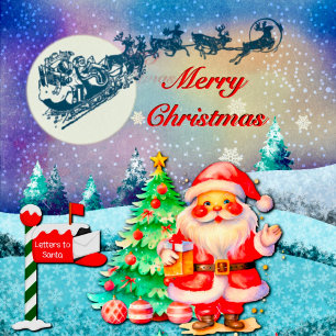 Postal Feliz Navidad Santa, Sleigh, reno, copo de nieve
