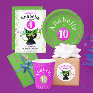 Pegatina Redonda Cuidada gata negra color de agua verde rosado Purp