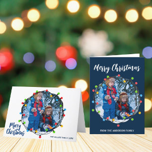 Tarjeta Festiva Merry Christmas Lights Photo Moderne Cute Navy Blu