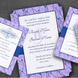 Invitación Monograma Royal Blue Lilac Swirl Boda
