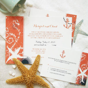 Invitación Boda Náutico Blanco Azul de la Marina Coral