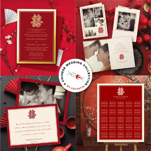 Invitación Floral Doble Felicidad Recepción de Bodas Chinas