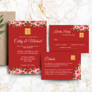 Invitación La peonía roja floral boda chino doble felicidad