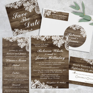 Invitación de Boda de Madera Rústica y Encaje Anti