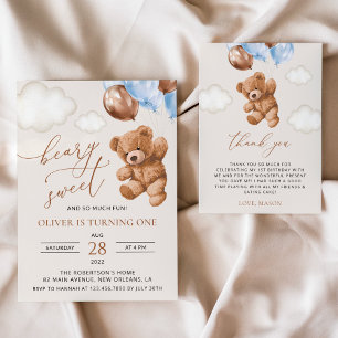 Tarjeta De Agradecimiento Oso de peluche, globos azules, primer cumpleaños