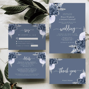 Invitación Boda Floral de Azul Polvoriento Plateado
