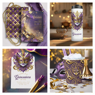 Invitación Quinceanera Masquerade Purple Gold ID1031
