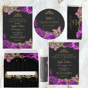 Pegatina Redonda Vintage Purple Rosas Black Gold Lace Quinceañera