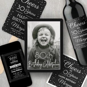 Invitación Sorpresa Fiesta de Cumpleaños Elegante Negro y Bla