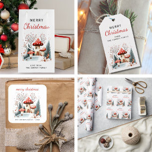 Pegatina Redonda Merry Christmas Watercolor Winter Woodland