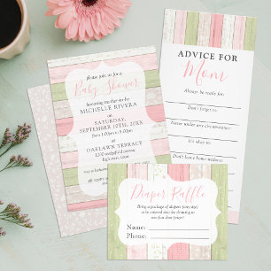 Invitación Shabby Pink & Sage Green Rustic Wood Baby Shower