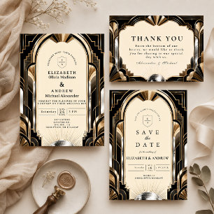 Invitación Boda Glamurosa Art Déco Disco