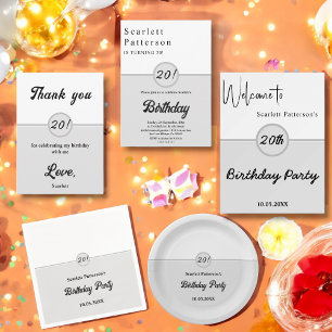 Invitación Elegante Moda Negro y Gris Blanco 20 cumpleaños