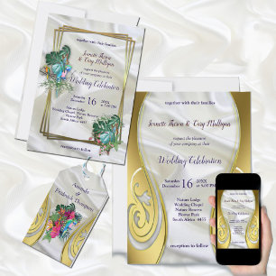 Invitación Oro sobre seda blanca con esplendor tropical
