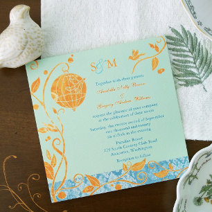 Invitación Boda de Aves Amantes Mint & Naranja