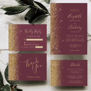 Tarjeta Purpurina Gold Edge Dark Burgundy Boda Gracias