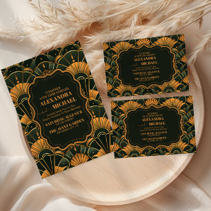 Tarjeta De Agradecimiento Foto Art Deco Boda Diamond Gold y Green