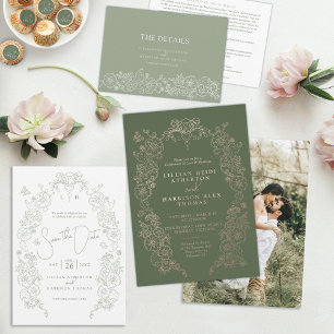 Invitación Con Relieve Metalizado Spring Fleur de lis boda sage green