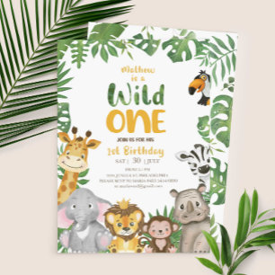 Invitación Salvaje Una Selva Safari Primer cumpleaños negro