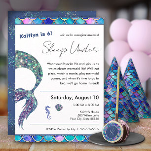 Invitación Purpurina sirena duerme bajo fiesta de cumpleaños 