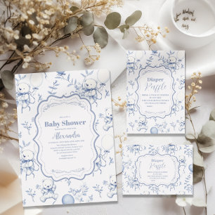 Invitación Toile De Jouy Bow Bear Baby Shower