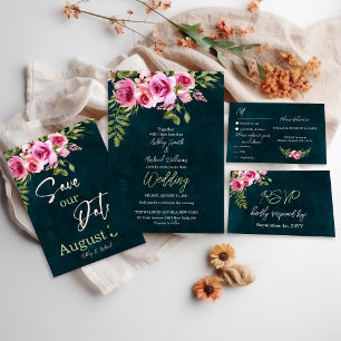 Tarjeta De Confirmación De Asistencia Boda de Moody Dark Floral Verde Esmeralda