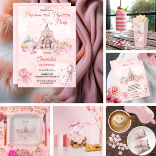 Invitación Popcorn rosa y fiesta de cumpleaños de pijamas