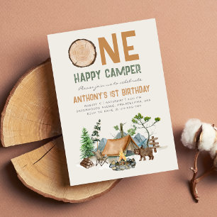 Invitación Twin Happy Camper Watercolor Woodland Primer cumpl