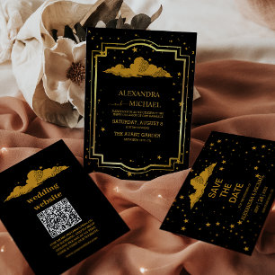 Pegatina Redonda Boda místico de estrellas celestes de oro negro