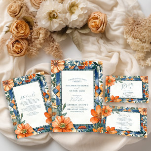 Tarjeta De Recepción Baldosas mediterráneas florales blancas y azules m
