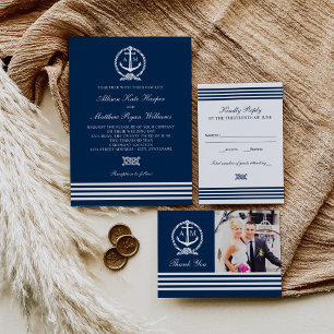 Invitación Boda de franjas de ancla blanca azul de la Marina 